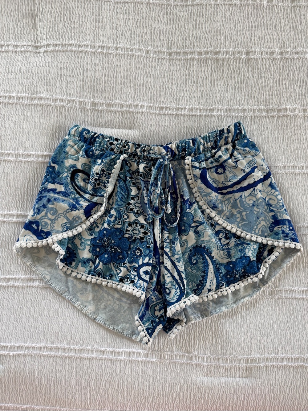 Hot Kiss Blue and White Paisley Pom-Pom Trim Boho Shorts